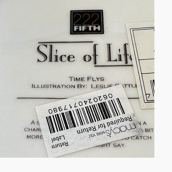 222 Fifth Slice Of Life Time Flys Salad Plate Decorative Black White Artsy 8.25" - Picture 5 of 6